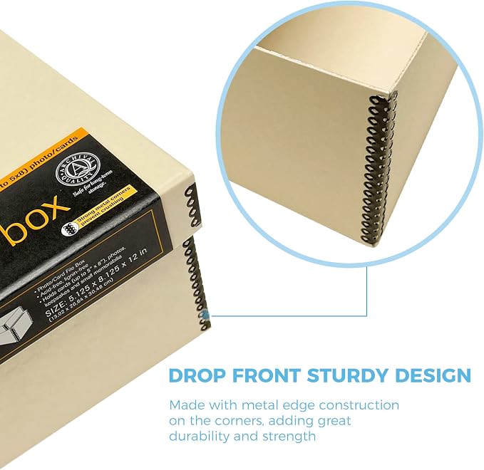 Lineco Archival Photo Card Box, Museum-Quality Storage, 5x8x12 Inch, Tan | Acid-Free with Removable Lid, Metal-Edge Corner, Bulk Storage and Preservation for Negatives, Prints, Films, Photos, Snapshot - Image 4