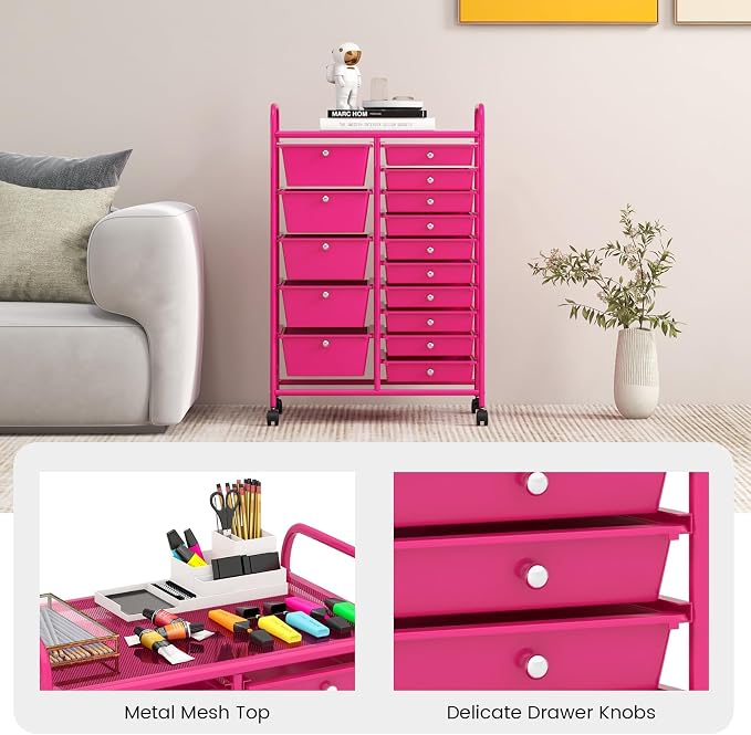RELAX4LIFE 15-Drawer Storage Drawer Carts - Mobile Rolling Utility Cart w/Wheels, Craft Organizer for Classroom Organization and Storage, School, Office, Home, Storage Organizer Cart - Image 7