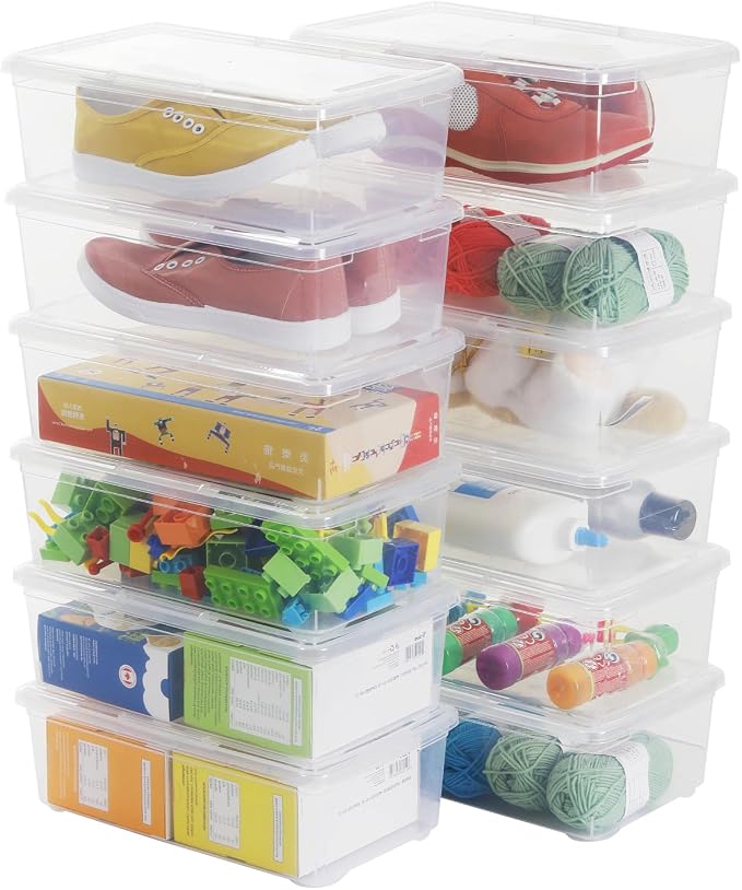 6 Quart Stackable Plastic Storage Shoebox, BPA-Free Nestable Container with Latching Lid to Organize, See-Through Box for Home and Office, Multi-Purpose Clear Bins (Transparent, 12 Pack) by OMNISAFE