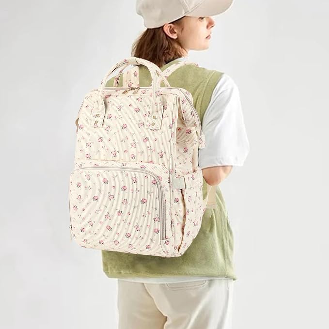 Corduroy Diaper Bag Backpack for Baby Girls Boys, Women Large Nappy Bags for Mom (Beige Corduroy Flowers Pink) - Image 2
