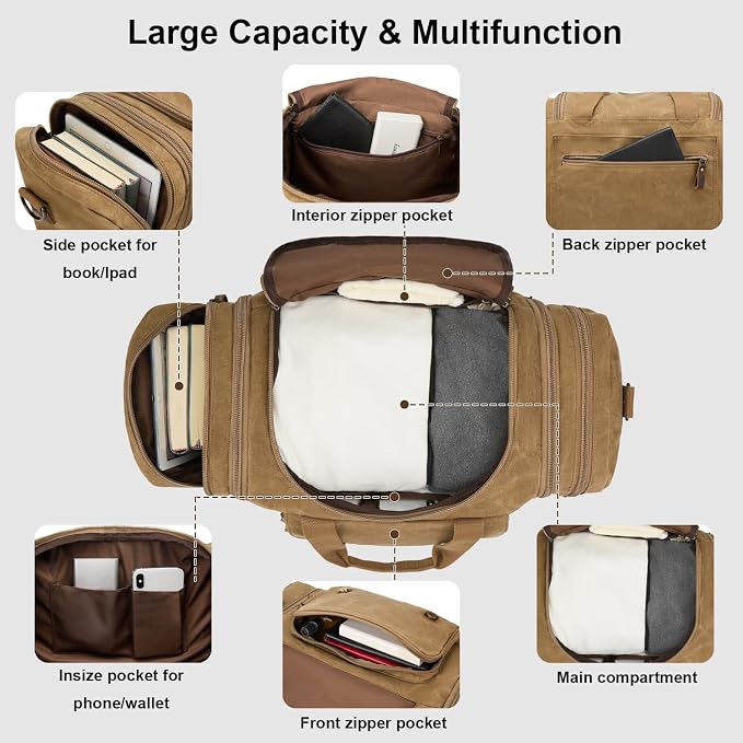 Waxed Canvas Duffel Bag 50L, Khaki | Waterproof, Travel, Overnight, Weekender - Image 4