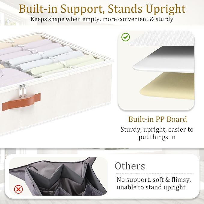 Yawinhe Under Bed Storage, 1 Pack Underbed Storage Box, Collapsible Storage Bag, with Sorting card slot and 4 Leather Handles, for Blanket, Bedding, 23.6''Lx11.8''Wx6''H, Beige | Underbed storage bag with clear window, clothes storage with classificati... - Image 6