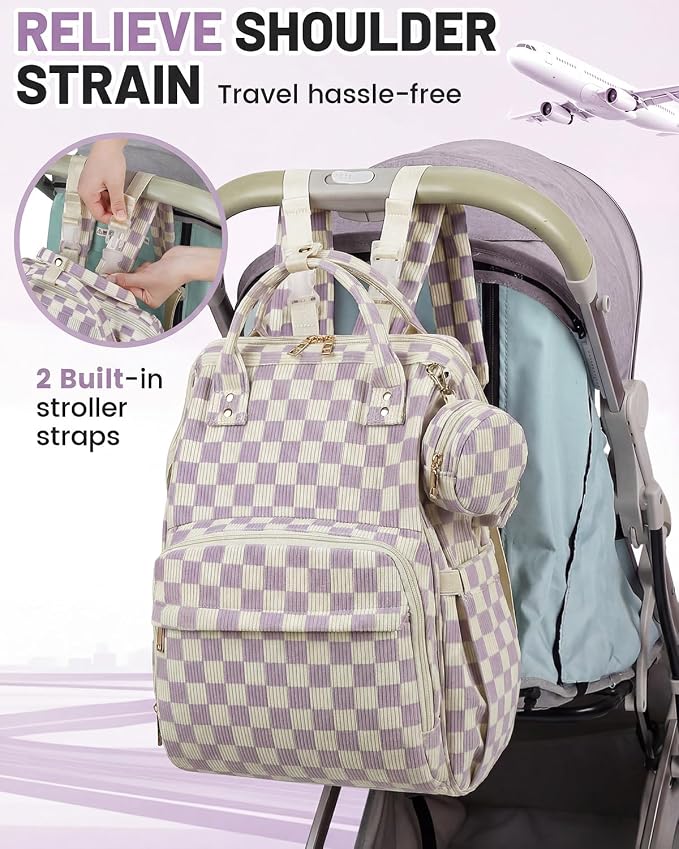 Corduroy Diaper Bag Backpack, Large Capacity Multifunction Baby Diaper Bags for Women, Insulated Bottle Pockets & Pacifier Case, Stylish Travel Nappy Changing Bags for Mom Dad (Checkered Purple) - Image 7