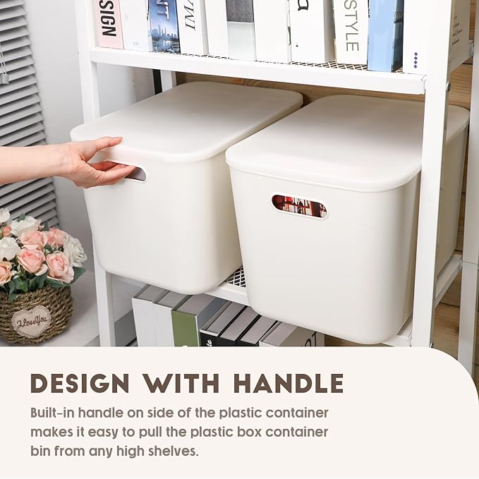 8 Pieces White Plastic Storage Bins with Lids, Stackable Storage baskets with Handle Containers Box for Shelves Drawers Desktop Playroom Classroom Office Organization(14 x 10.5 x 9.6 Inches) - Image 5