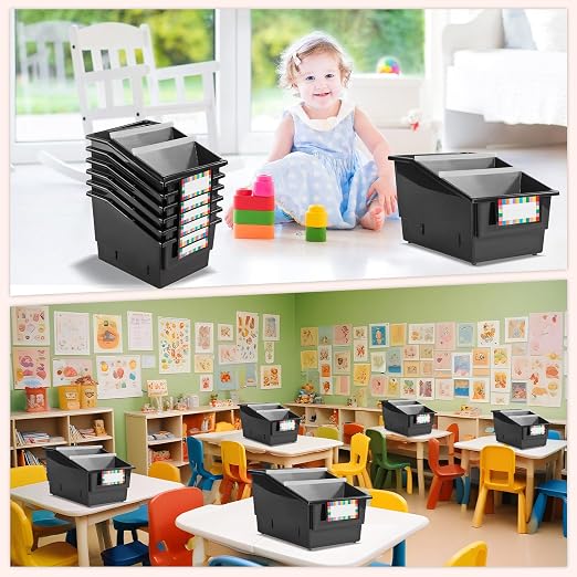 6 Pack Picture Book Bins with Dividers Plastic Book Holders with Labels Stackable Classroom Organization Bins Magazine File Binder Holder Storage Container for Classroom Library Home Office(Black) - Image 7