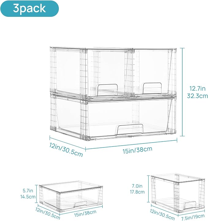 Vtopmart Clear Stackable Storage Drawers, 3 Pack Wide Organizer Set | Wide and Medium Pull-Out PET Drawers with Stackable Design for Flexible Storage, Cabinets, Closets, Pantry - Image 3