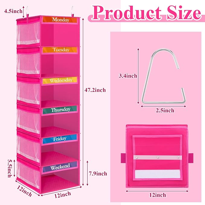 2 Pcs 6 Shelf Hanging Weekly Clothes Organizer for Kid,Rose Red | Closet Organization, Hanging Closet Shelves with Side Pockets, Labeled Shelves with Days of The Week Monday Through Weekend - Image 2