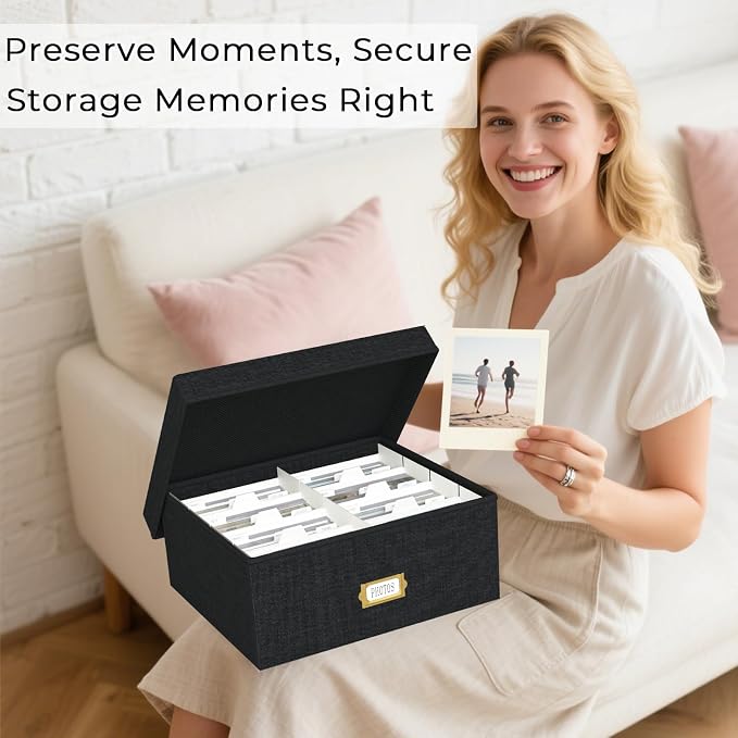 Decorative Photo Storage Box, Linen Photo Box Holds 1700 4x6 Pictures Black | Photo Storage Containers with 8 Dividers, Memory Keepsake Organizer for Photos, Scrapbook Supplies, Cards, Stamps,Archive Box - Image 5