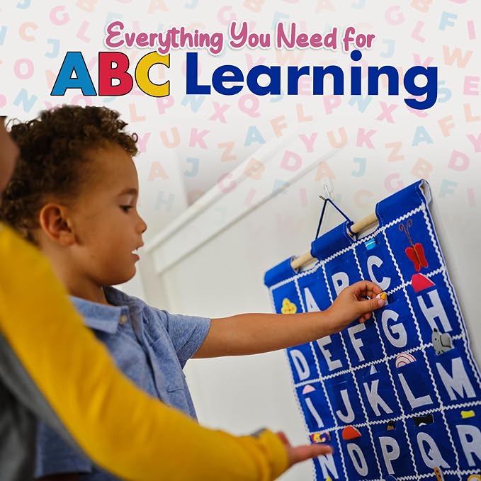 Pink ABC Felt Wall Hanging Chart - Early Education Alphabet Fabric Wall Décor for Children's Room | Engaging Educational Learning Art for Kids with Fabric Objects in Pocket - Image 2