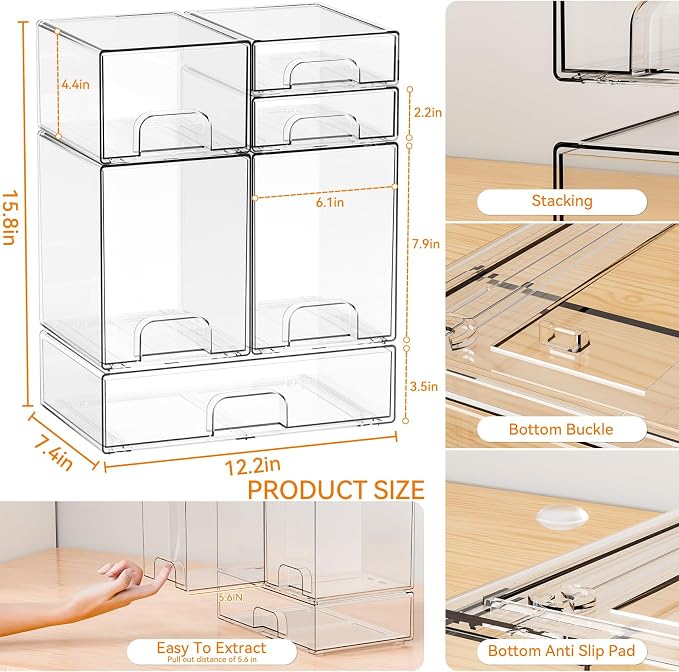 6 Set Clear Baby Bottle Organizer for Countertop,BPA FREE Bottle Station Organizer for Breast Pump Parts,Pacifier and Baby Accessories,Stackable Drawers for Bathroom,Cabinet,Pantry Organization - Image 3