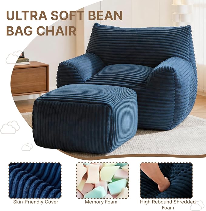 Oversized Bean Bag Chair with Ottoman, Bean Bag Couch with 2 Side Pockets, Corduroy Boneless Couch Chair in a Box, Comfy Lounge Chair for Living Room, Bedroom, Dorm, Blue - Image 6