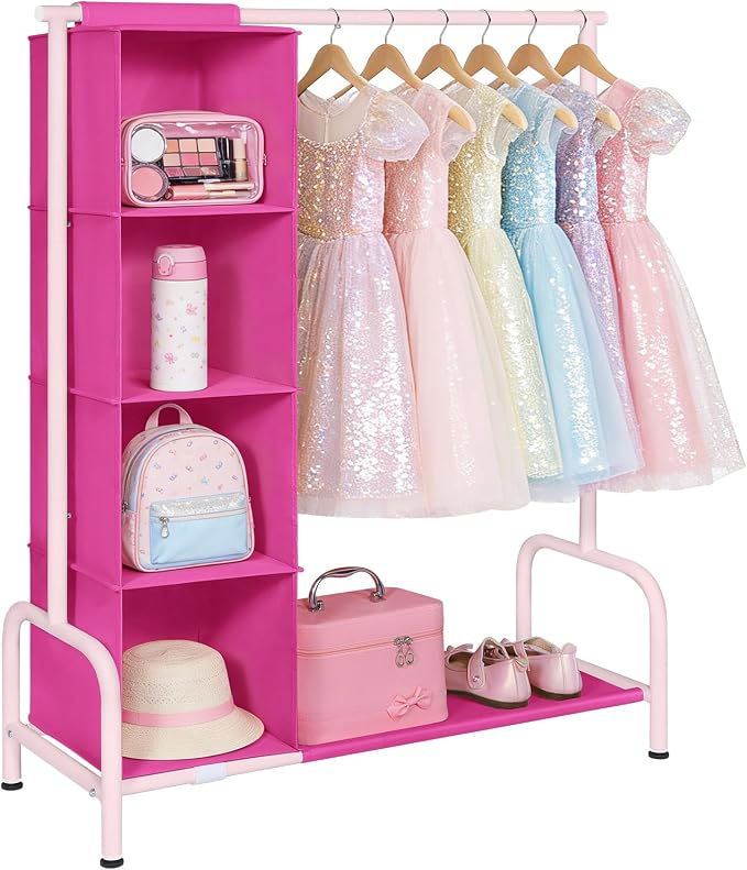 Univivi Kids Clothing Rack with Hanging Organizer, Rose Red and Pink | Toddler Dress Up Storage with Bottom Shelf, Sturdy Metal Dress Up Rack, Toddler Wardrobe Rack for Nursery, Playroom, Bedroom by Univivi