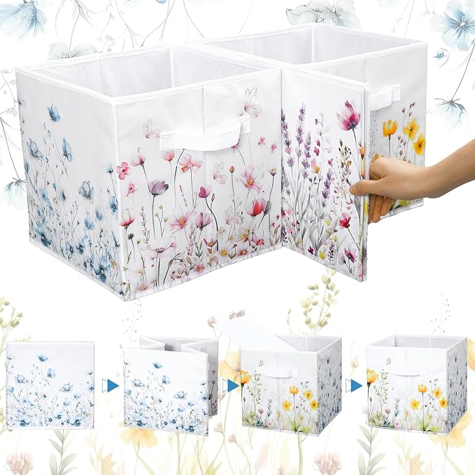 6 Pcs WildFlower Cube Storage Bins 11 Inch White Storage Basket with Handle, Preppy Girls Organizer Basket, Collapsible Fabric Box for Classroom Bedrooms - Image 3