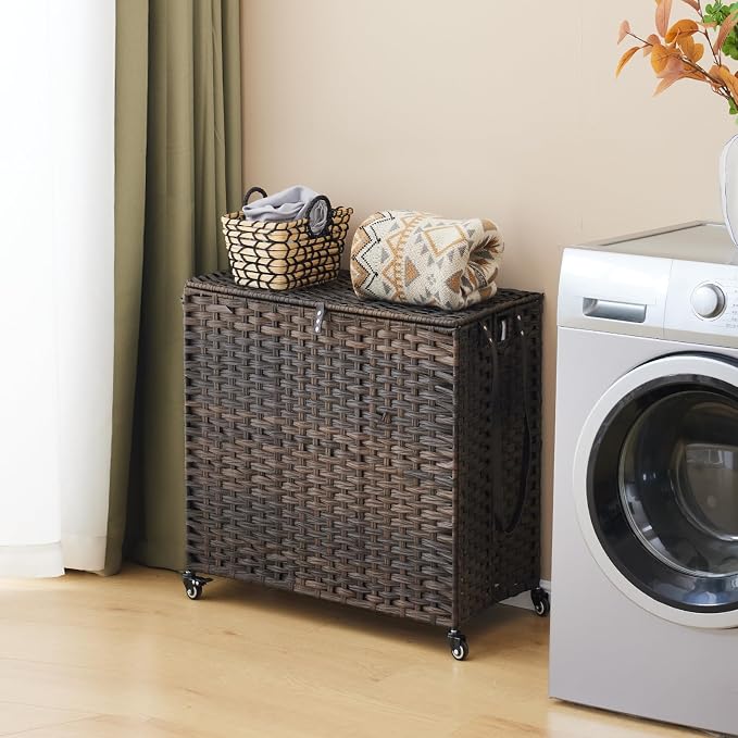 Laundry Hamper with Wheels, 39.6 Gallon(150L) Rolling Laundry Basket with Lid, 3-Section Rattan Clothes Hamper with 3 Removable Liner & 3 Mesh Bags, Laundry Sorter with Side Pocket, Brown - Image 2