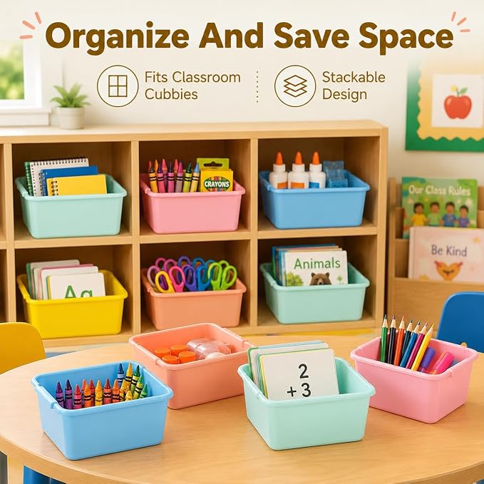 OMISTAR 20 Pack Book Bins for Classroom, 11.6 x 7.5 x 5.1 Plastic Cubby Book Bins Library Stackable Cubby Desk Organizer Containers Organizer Basket Bin for School Office Home Nursery Playroom - Image 4
