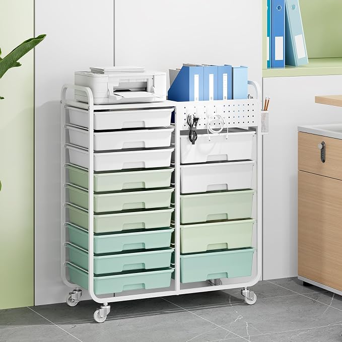 14 Drawer Rolling Storage Cart with Tabletop and Pegboard for Crafts Green | Easy Setup, Large Capacity, Sturdy Build, Smooth Mobility, For classroom, office and dorm supplies - Image 8