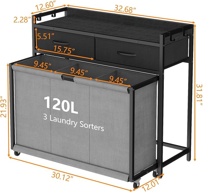 STIKELY Laundry Hamper Laundry Basket with 3 Section Pull-Out Rolling Bags, Laundry Sorter for Organization and Storage with 2 Pull-Out Drawers for Laundry Room, Bathroom, Bedroom Use (Black) - Image 7