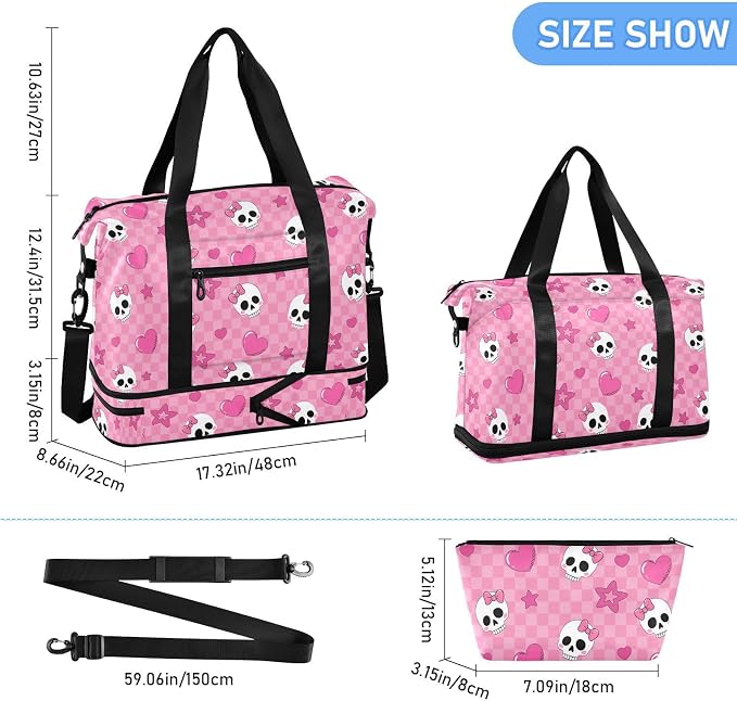 Travel Duffel Tote Bag Pink Skull Girl Sports Duffel Bag with Wet Pocket Weekender Overnight Bag for Women Men Gym Bag, Carry On Bag Hospital Bag for Labor and Delivery - Image 2