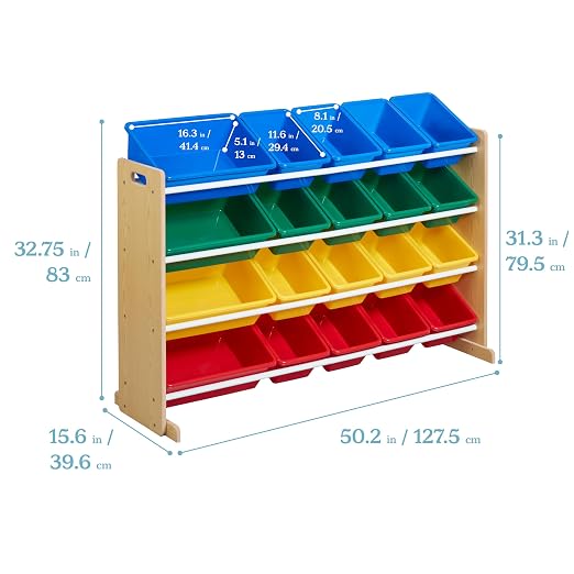 ECR4Kids 4-Tier Organizer with 20 Removable Plastic Bins, 4x5, Toy Storage, Natural/Primary | Durable plastic bins, MDF panels, steel frame, GREENGUARD Gold Certified, 72 lb capacity, anti-tip kit, playroom/classroom - Image 3