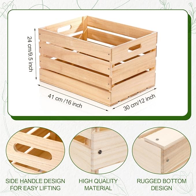 Weysat 3 Pack Large Wood Crates Box for Storage 16 x 12 x 9.5 Inches Unassembled Wooden Milk Crates with Handle Decorative Nesting Box for Winter Display Rustic DIY Office Home Retail Art Craft (Wood) - Image 2