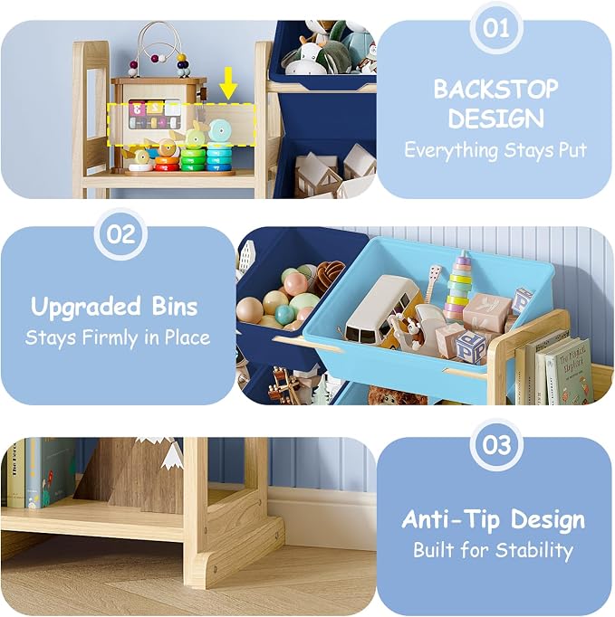 EXPERLAM Extra Large Toy Storage - Toy Storage Organizer, Wooden Toy Organizer with 6 Side Shelves and 16 Bins, 3-in-1 Bookshelf for Kids Rooms, Playroom, Nursery, Blue - Image 4