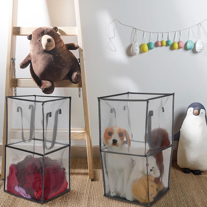 Zopeal 3 Pack Collapsible Mesh Laundry Basket, Grey, Double-layer | 13 Inch Square with Handles, Portable Foldable Hamper, Mesh See-through, Space Saving for Dorm Bedroom Laundry Room - Image 6