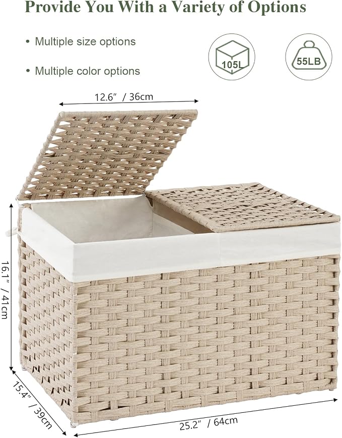 SETVSON Storage Basket with Lid 105L PE Rattan Storage Bin Light Khaki | 2 Removable Liners for Clothes & Blankets, 105L Storage Bin with 2 Separate Lids,Sturdy Metal Frame, PE Rattan - Image 2