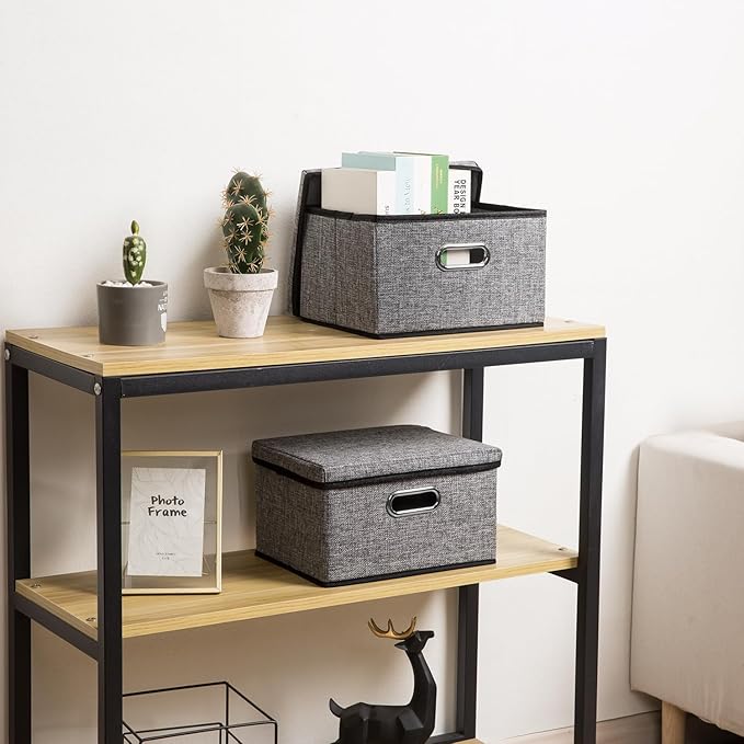 Storage Bins with Lids [3-Pack] Linen Fabric Foldable Storage Boxes Organizer Containers Baskets Cube with Cover for Home Bedroom Closet Office Nursery Grey（11.4X8.6X6.7 - Image 2