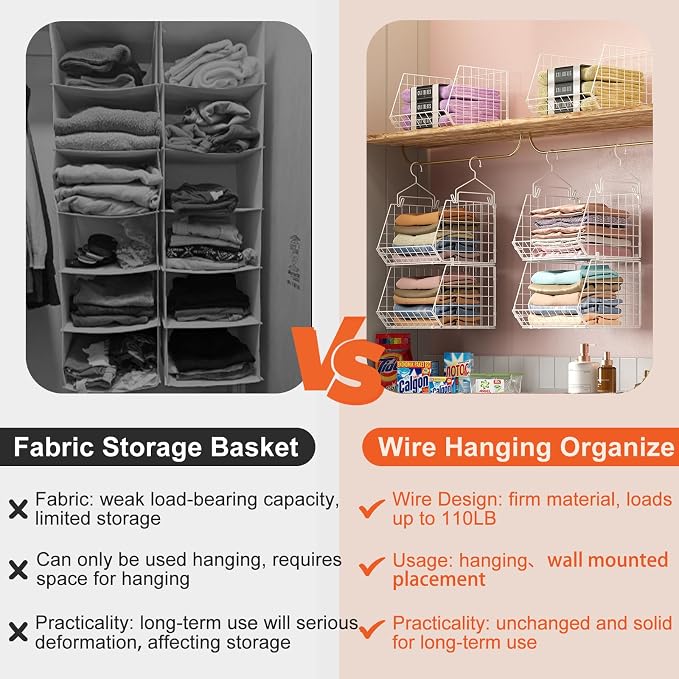 X-cosrack 6 Tier Closet Hanging Organizer, Clothes Hanging Shelves with 4 Hanging Hooks 5 S Hooks, Wire Storage Basket Bins, for Clothing Sweaters Shoes Handbags Clutches Accessories Patent - Image 5