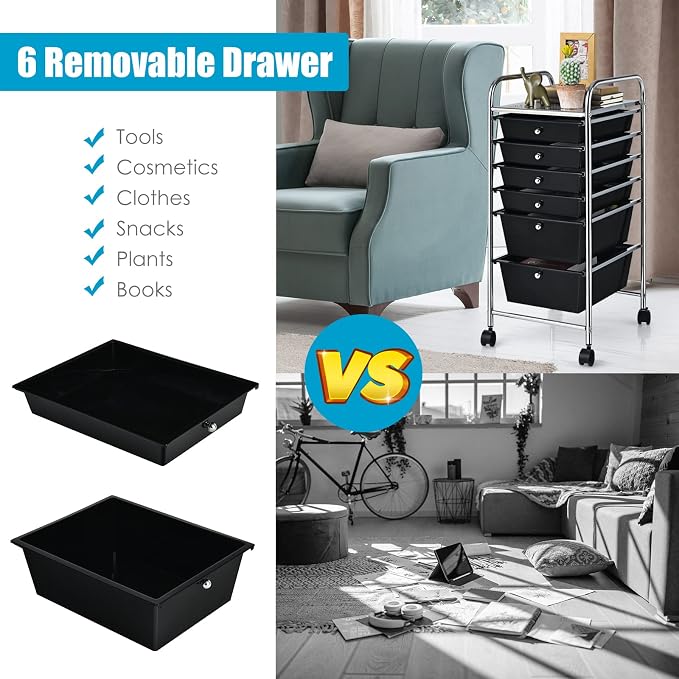 GOFLAME 6-Drawer Rolling Storage Cart, Multifunctional Art Craft Organizer, Mobile Utility Storage with Removable Drawers & Lockable Wheels, Craft Cart for Home Office, School, Black - Image 6