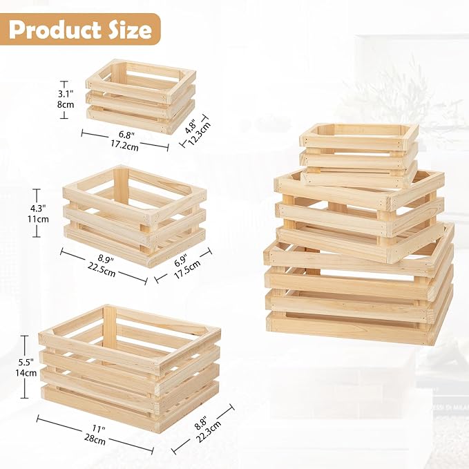 Oairse Set of 3 Nesting Wooden Storage Crates - Rustic Wooden Storage Crates for Display Wood Container Boxes Wood Baskets for Farmhouse Flower Stand Display Rack for Shops or Exhibitions Home Decor - Image 4