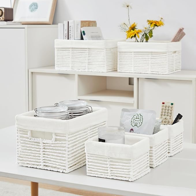 Wicker Storage Basket, 6 Pack Baskets for Organizing, Wicker Baskets with Handle, Rectangular Wicke Basket for Storage Shelves, Cube Storage Bins for Closet/Clothes/Dresser, White - Image 4