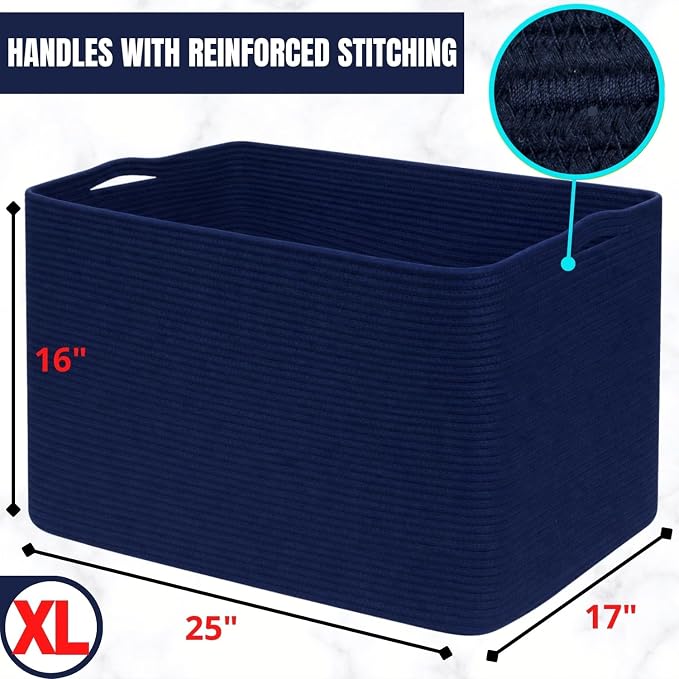 112L Extra Large Blanket Basket Holder Living Room, 25"x17"x16" Rectangle Rope Woven Storage Basket with Handles for Laundry, Towels, Shoes, Dog Toy Organizer Bin Box, Full Navy - Image 3