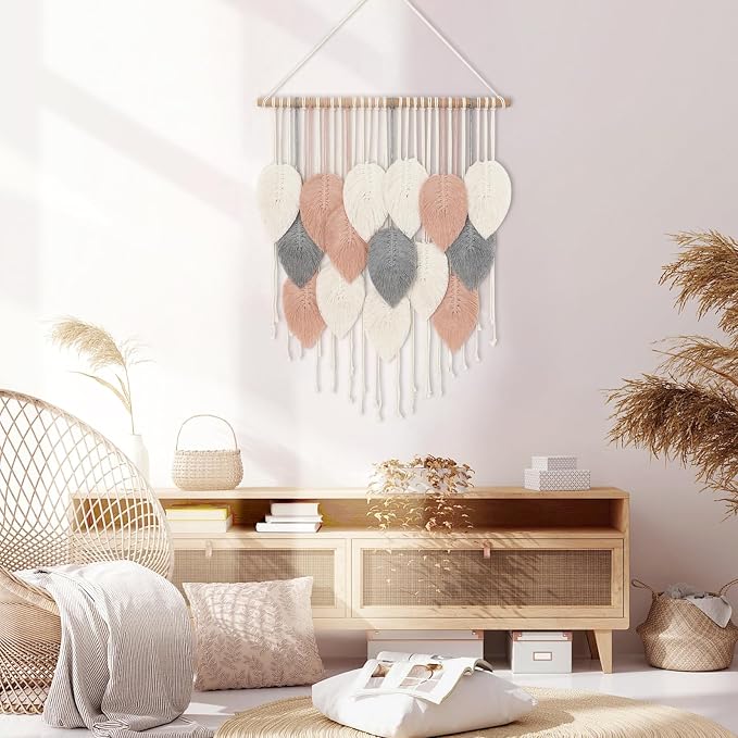 Alynsehom Macrame Wall Hanging, Boho Woven Tapestry, Chic Modern Bohemian Handmade Leaf Feather Wall Art Home Decor for Apartment Dorm Living Room Bedroom Nursery Backdrop(23.6" W X 29.5" L) - Image 5