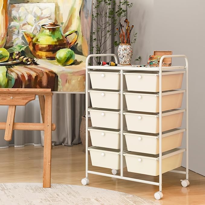 RELAX4LIFE 10 Drawer Storage Cart - Ivory Metal Frame Rolling Art Cart Organizer with Lockable Wheels, Utility Cart for Crafting Storage, Office, Home, School - Image 2