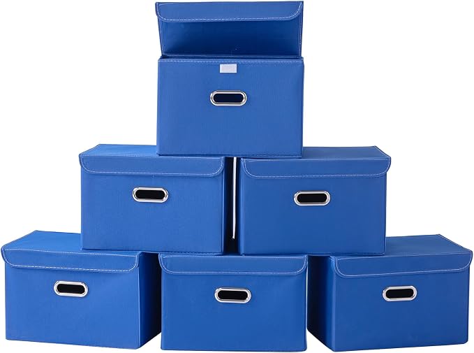 STOREONE Fabric Storage Cube Bins Foldable Organizer Container Collapsible Basket with Lids and Metal Handles, for Home, Bedroom, Closet 6 Pcs (Dark Blue) by STOREONE