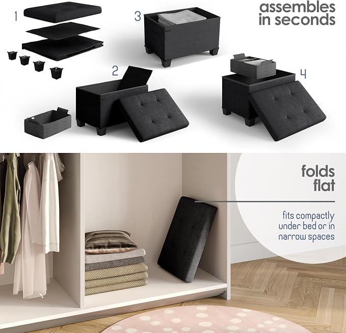Storage Ottoman Cube with Small Bin, 16-in Square Ottoman with Storage for Living Room and Bedroom, Small Ottomans Foot Rest, Fabric Foot Stools Ottomans Max 330lbs, Black - Image 9