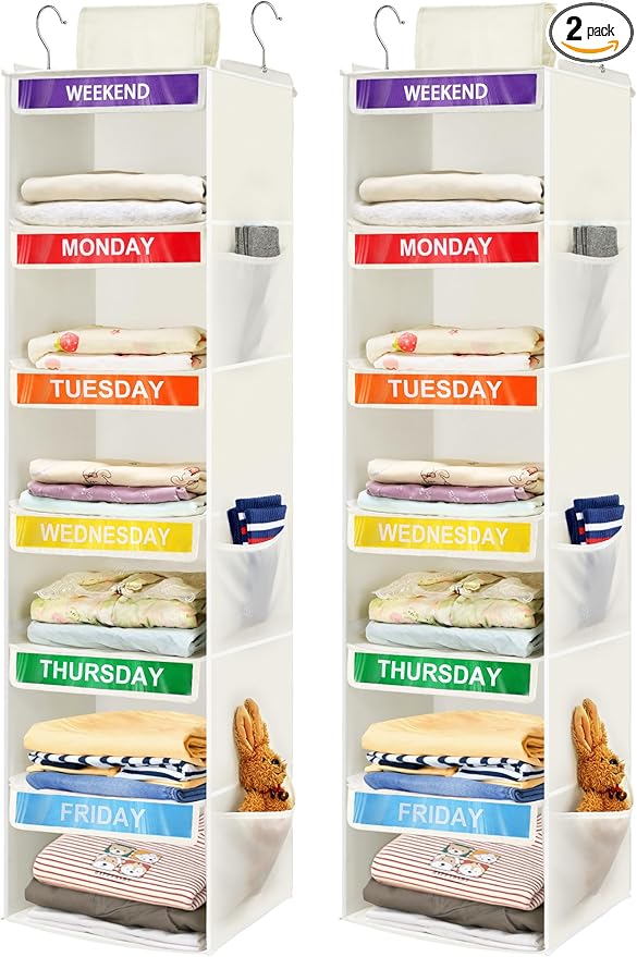 2 Pack 6-Shelf Weekly Clothes Organizer for Kids, Hanging Daily Closet Organization with 6 Side Pockets, Days of The Week Clothing Divider Storage for Boys and Girls (White) by Fivebop