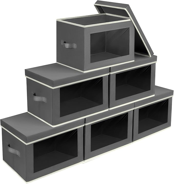 Stackable Storage Bins with Lids - Large Storage Box with Lids, Foldable Closet Boxes for Organizing, Wardrobe Clothes Organizer with Window, Cubes Bins for Living Room, 6 Pack, Dark Grey by Homsorout