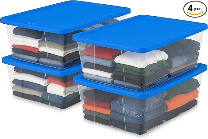HOMZ 4-Pack Snaplock, Small Clear Plastic Storage Organizer Bins w/Lids, 12 Quart, Blue - Stackable Container Boxes for Bedroom, Bathroom, Garage, and Office Organization by Homz
