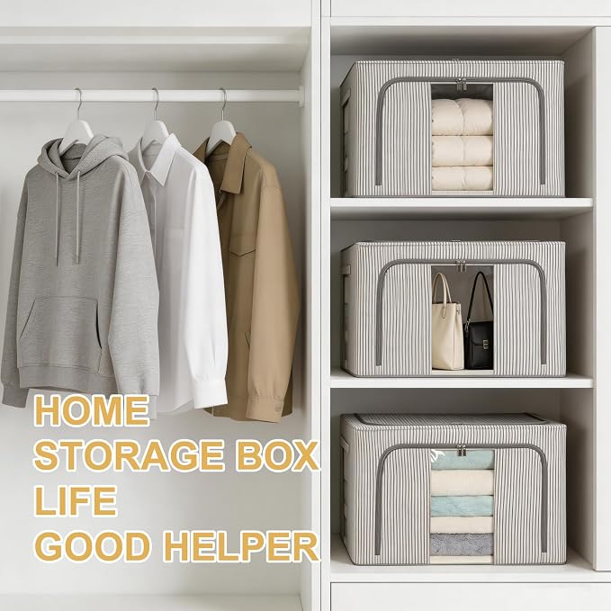 3 Pack Clothes Storage Bins with Metal Frame,Foldable Storage Bin with Lid for Clothes,Stackable Cotton Linen Fabric Organizer Set with Carrying Handles and Clear Window(Grey White Stripe, 66L) - Image 7