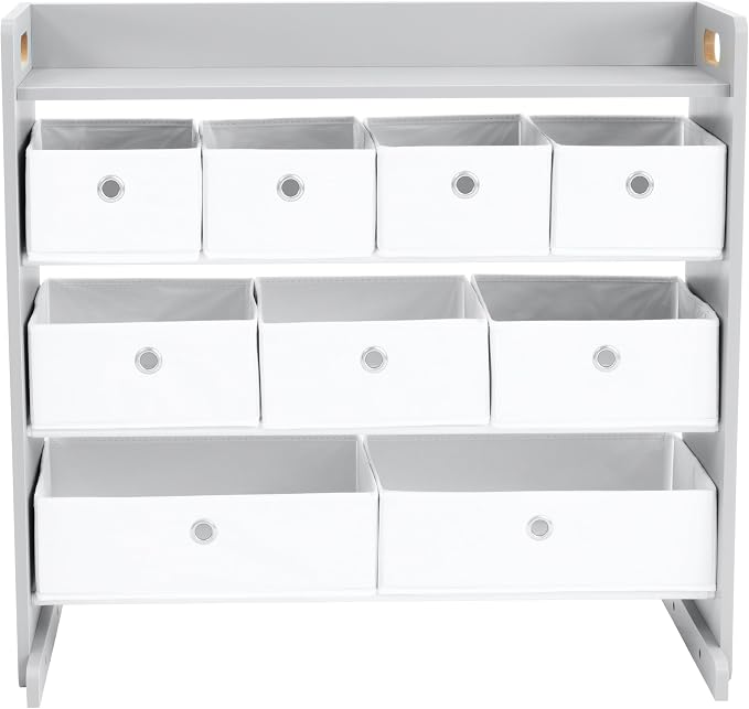 Humble Crew Kids Toy Organizer with 9 Fabric Bins, 3 Tier Storage Shelf | Sturdy wood and steel toddler frame, collapsible containers, wall anchor anti-tip safety kit for playroom, bedroom, classroom by HumbleCrew