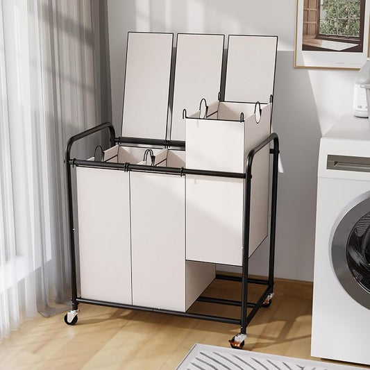 180L Laundry Sorter 3 Section with Lockable Wheels and Lid White | 3 Large Separate Removable Bags | Heavy Duty Rolling Laundry Basket | Laundry Hamper Cart for Laundry Room Organizer by YKDIRECT