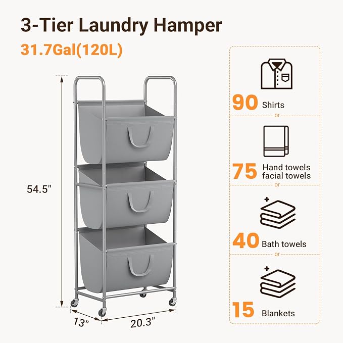 ELYKEN 3-Tier Vertical Rolling Laundry Hamper with Wheels & Removable Bags | 120L Capacity, Space-Saving Design, Locking Casters, 3 Section Laundry Sorter for Apartments, Small Spaces, Closet, Dorm - Image 3