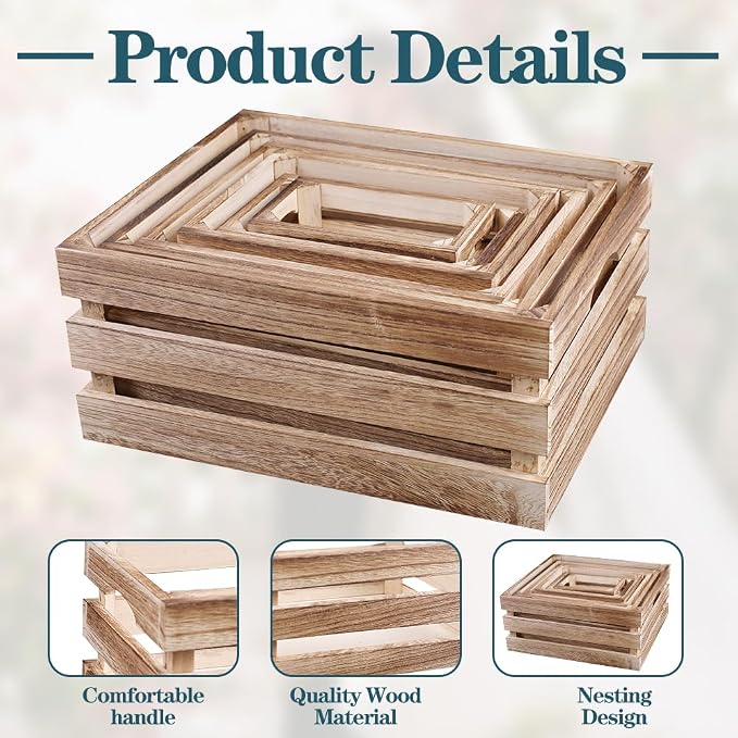 6 Pack Large Wooden Crates for Display Decorative Crates with Handle | Rustic Nesting Wooden Basket Decorative Farmhouse Wood Crate for Storage and Container, 6 Size Decor Boxes - Image 4