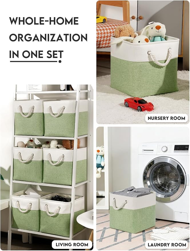 Temary 11 Inch Cube Storage Bins - 6 Pack Foldable Fabric Storage Baskets with Soft Rope Handles, Sturdy Organizer Cubes with Metal Frame for Shelves, Closet, Office & Home Organization (White&Green) - Image 6