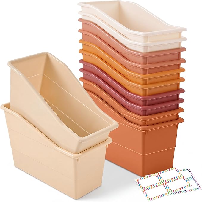 Blosssound 12 Set Book Bins for Classroom Stackable,Earth Tones | Plastic Baskets with Labels, Slanted Front, Library Supplies Organizers, Desktop Storage Bins, Teachers Home School Use by Blosssound