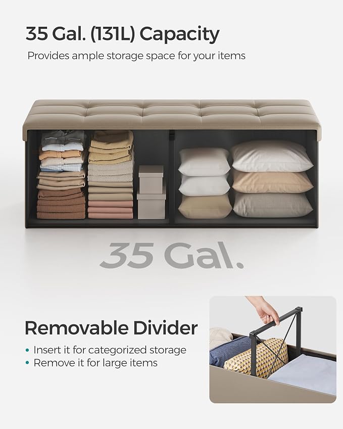 SONGMICS MAZIE Collection - 43 Inches Storage Ottoman Bench with Flipping Lid, Storage Chest with Iron Frame Support, Load 660 lb, for Living Room, Bedroom, Synthetic Leather, Camel Brown ULSF075K03 - Image 6