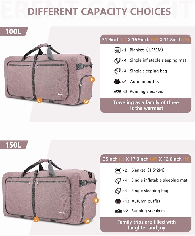 Gonex 150L Foldable Travel Duffle Bag with Shoe Compartment, Lightweight | 210D Nylon, Water-Repellent, Folds Compact, Multiple Pockets, Luggage Sleeve,Family Travel & Camping, Warm Sand - Image 3