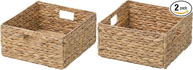 Large Square Woven Hyacinth Wicker Pantry Storage Baskets, Set of 2 | 12"x12"x6", Natural, Iron Wire Frame by eHemco